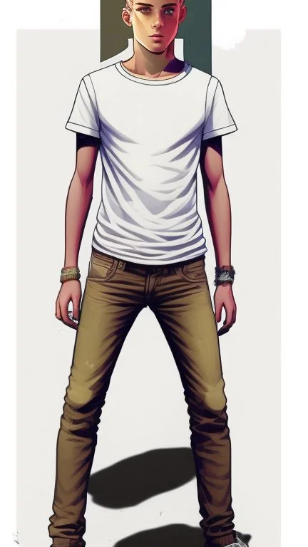 Teen man, blond hair, perfect face, style of tomer hanuka, jeans, white, t-shirt, pompadour