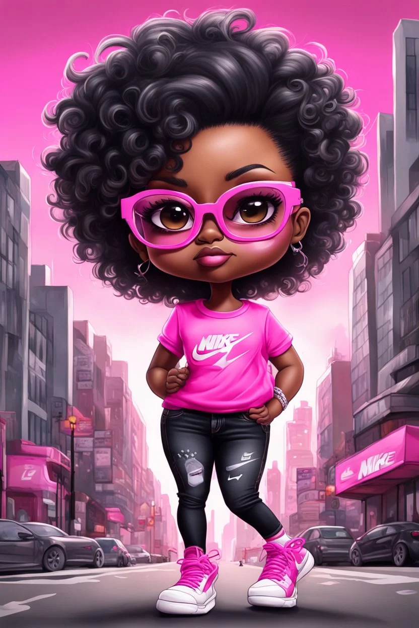 create an airbrush illustration of a chibi cartoon voluptuous black female. Wearing a hot pink t-shirt and tight black jeans with hot pink Nike sneakers. Prominent make up with hazel eyes and she is wearing pink glasses. Extremely Highly detail of a very low platinum shiny pixie haircut. Background of a busy city street.