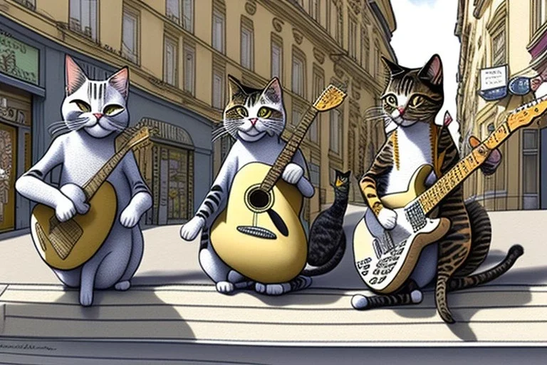 Group of three mature cats musicians, one cat playing guitar, one cat playing drums, one cat holding microphone and singing, street, Vienna, smiling, sunny day, model style, hyper realistic, extremely accurate, delicate, extremely detailed, Graphic novel style, wide-angle, open aperture, superfine pencil