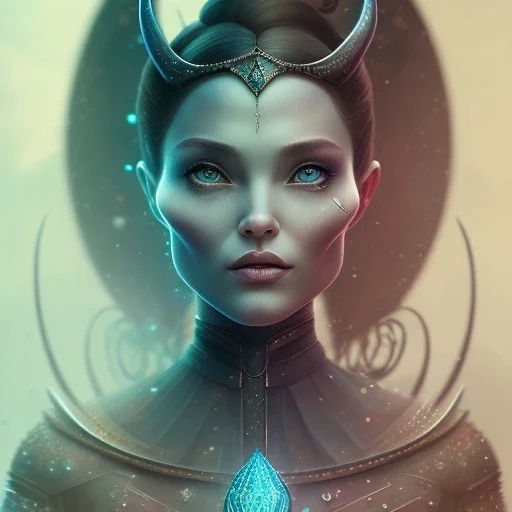 Portrait of old wiched " enchantress Morgan" with and mid-12th century elegant apparel.extremely detailed face,black clear Big eyes,perfectly centered image,intricate detail.korra character face style.and Kilian Eng art color with horns maleficent style