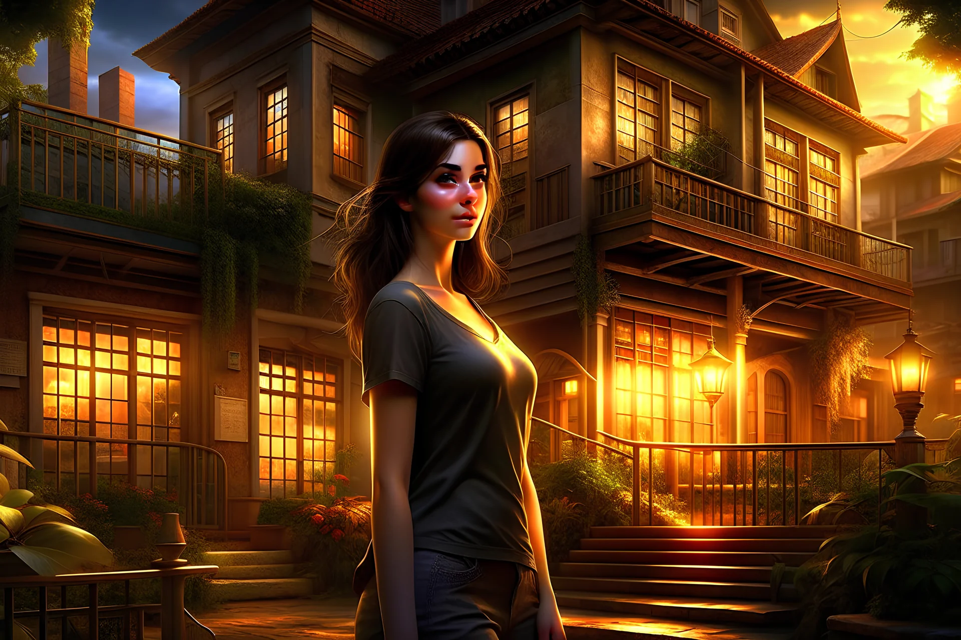 Digital art, high quality, digital masterpiece, natural illumination, spotlight, sunset, night, realistic, film style, beautiful, (full body:3), (1 beautiful giant girl standing next to a smaller building:3), (cute femenine face:1.8), (sexy eyes:1.5), (dark brown hair:1.8), (tiny city underneath:2), (tiny building under:2)