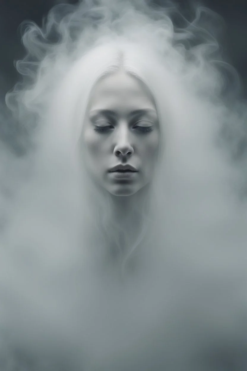 translucent female face barely visible from very dense white smoke and fog, translucent ghost-like face with lots of white hair, lots of fog in the background, surreal style