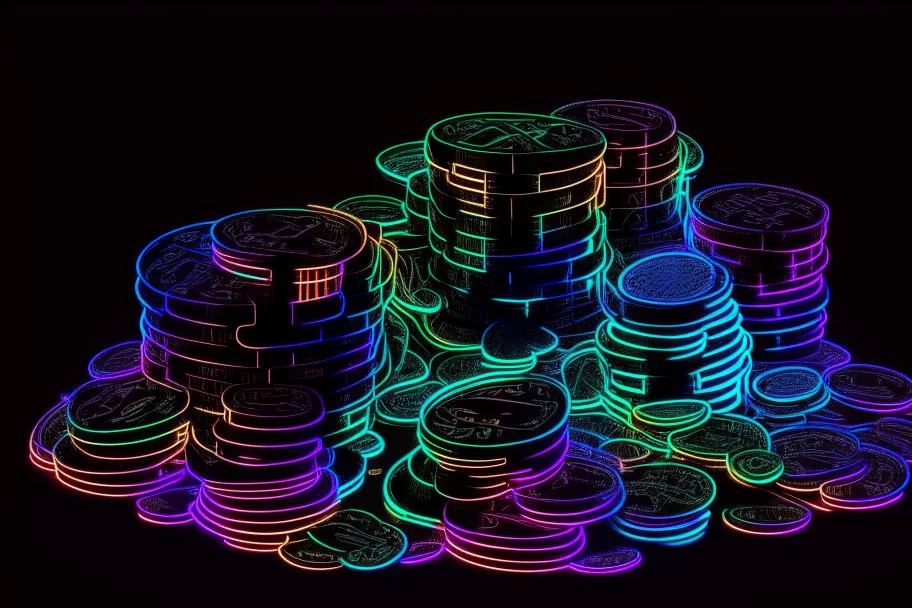 black background, outlines of a holographic pile of coins, diagram drawn from thin neon-coloured glowing lines