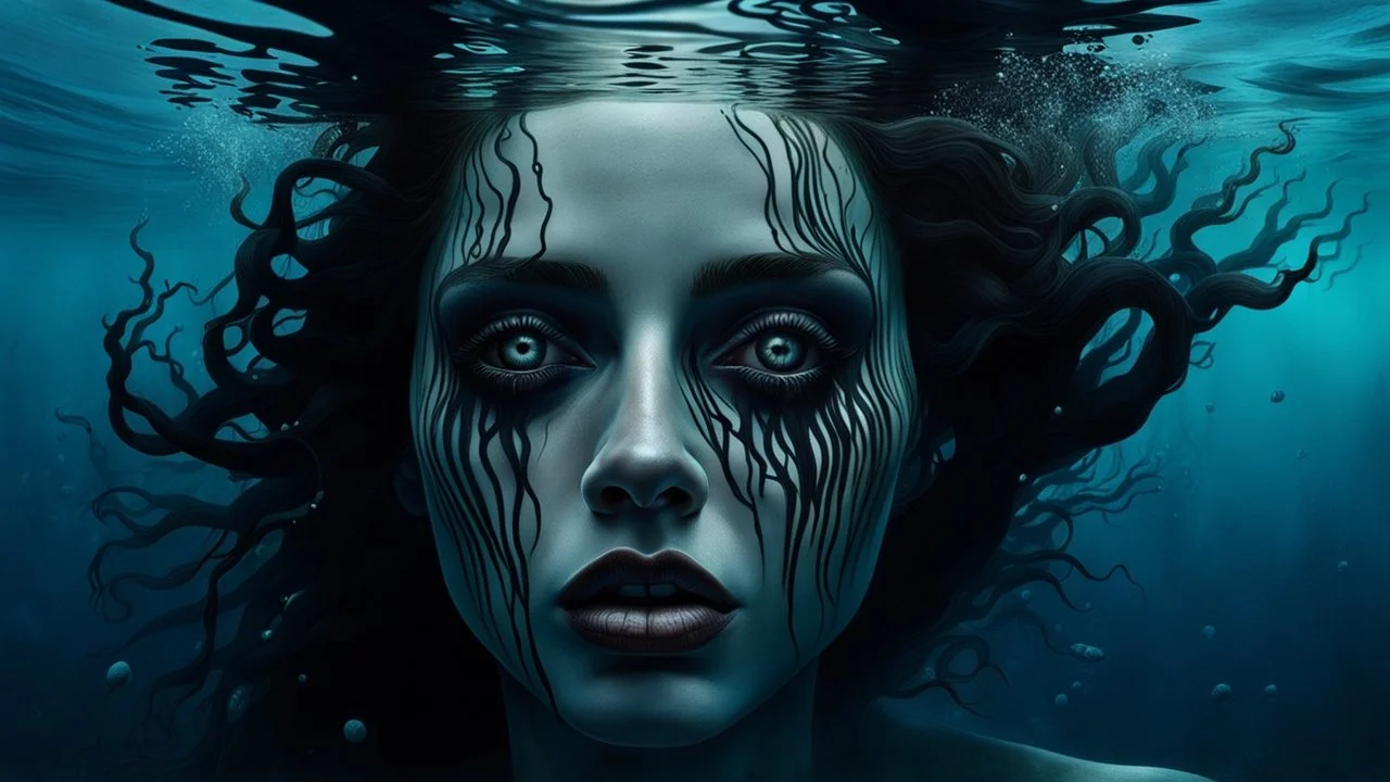 close up face shadow eyes, void, pain, hyper-realistic detail, floats in deep sea, Dark sea ten and in her hair, drils and shadow around, abyss, fog, Style crepy stunning, dark, surreal vibe underwater and meticulous detail clean pale skin and face. dark shadow and weird mood