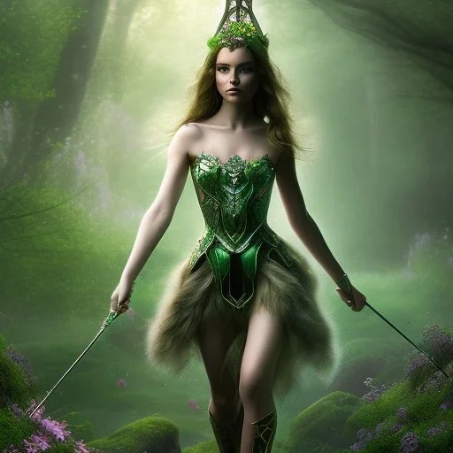 delicate hands with magic sceptre, halo, upper body of dark celtic in wonderland, fast walker, as a brunette young cute feminine woman, short hair, green forest ruins background, pond, mega flowers,peacock,sun light