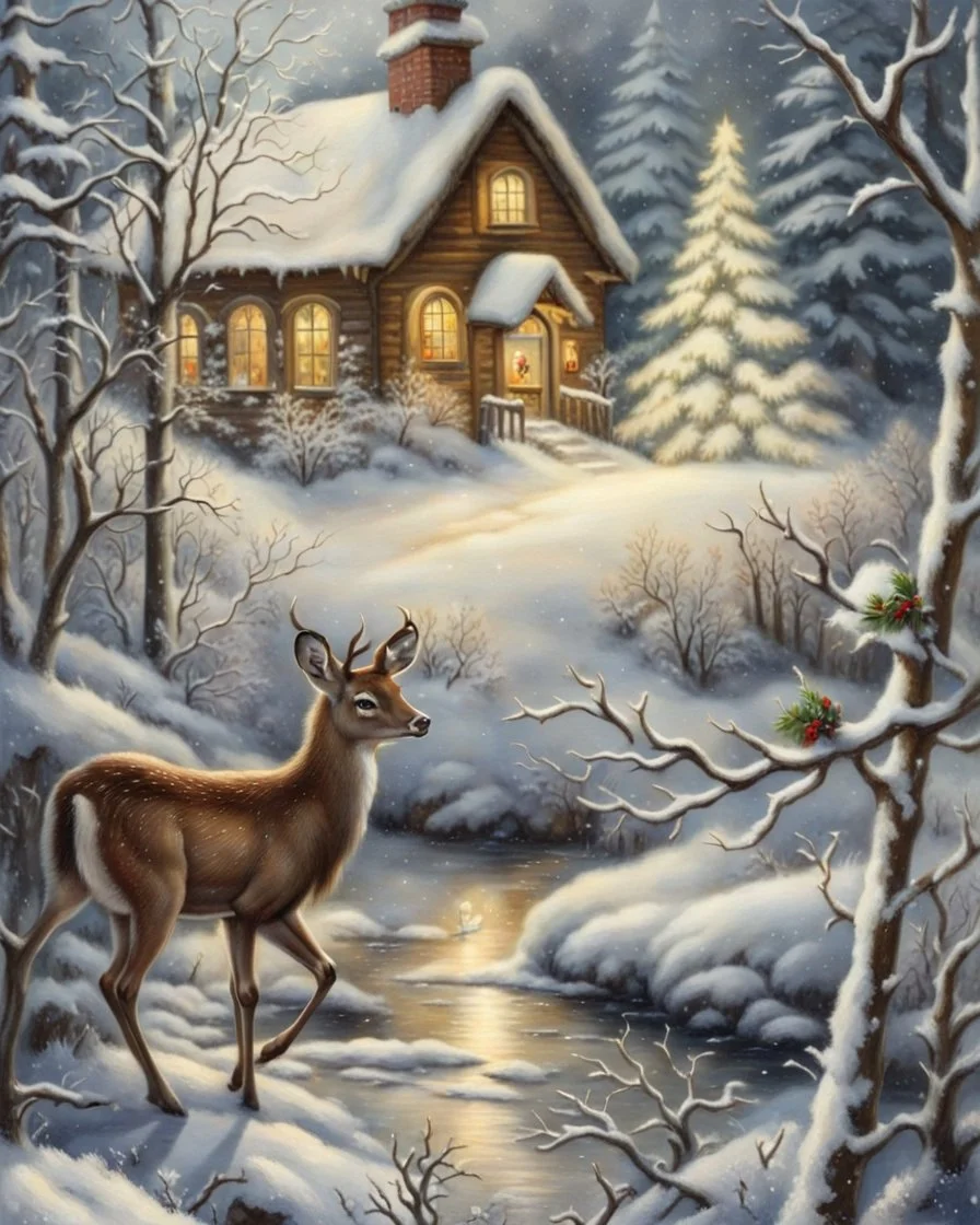 v20th century hungarian vintage postcard, painting of a deer in a snowy forest , a little cute village in the valley in the background, christmas mood, cosy enchanted winter scene, beautiful depiction, inspired by Terry Redlin, snowy winter beauty scene, painting, by Cindy Wright, beautiful detail, by Doris Blair, wintery scene, amazing detail, stunning artwork, vintage postcard, nostalgic style