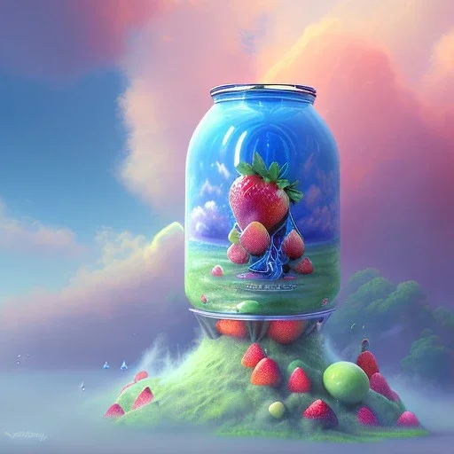 tropic landscape, white background, aerographic style,realistic painting of a big jar with marmelade and a woman,volumetric blue clouds,pink sky environment and flying strawberries in background, volumetric lighting,dramatic lighting, detailed digital painting, extreme dense and fine fur, anime, ornate, colour-washed colors, elegant, small minutiae, tiny features, particulars, centered, smooth, sharp focus, renderman gofur render, 8k, uhd, detailed eyes, real