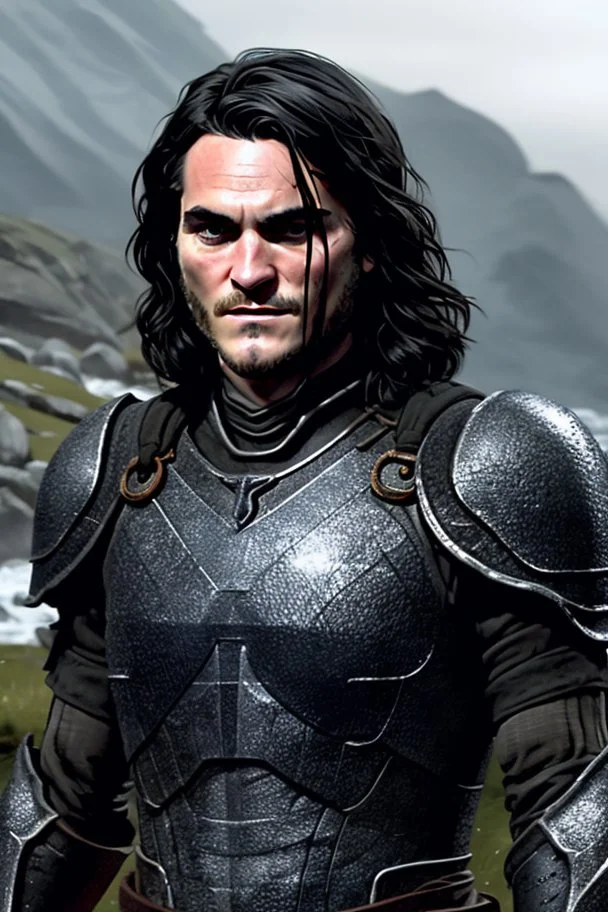 A portrait of Joaquin Phoenix in his early 30s, long beachy haircut, black hair, on a rocky island, in ebony armor from Skyrim, melancholic and dangerous facial expression, half-smiling