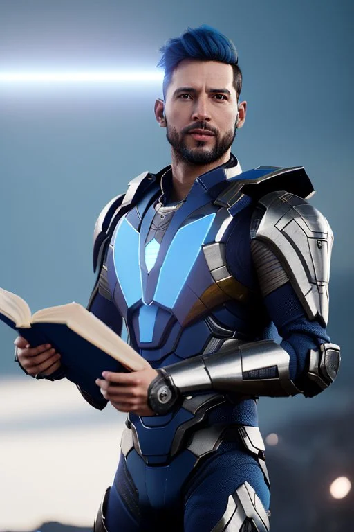 a human male with blue short hair and blue wings in an assymetrical armor with geometric patterns and a book in hand