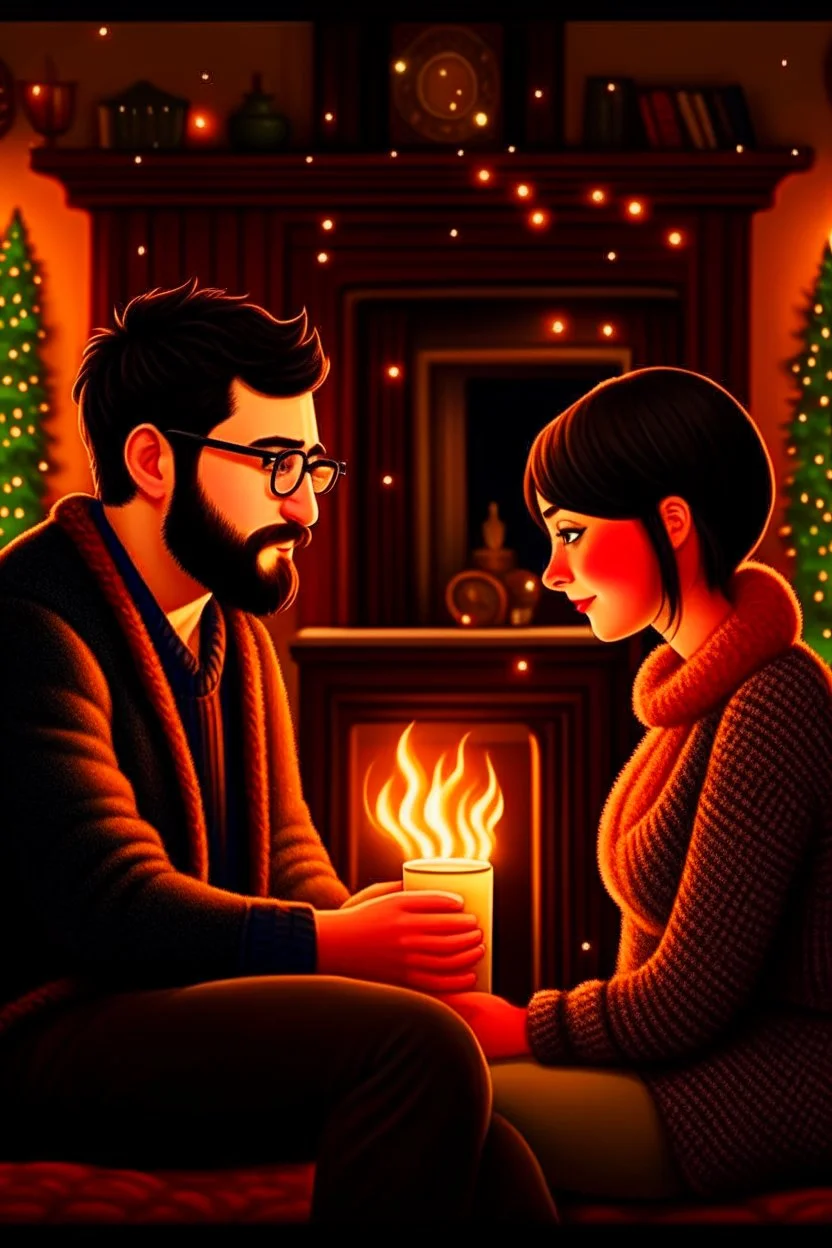 Fire place Christmas scene, dark haired couple, man with short black beard and glasses, blue eyes, young couple, graphic