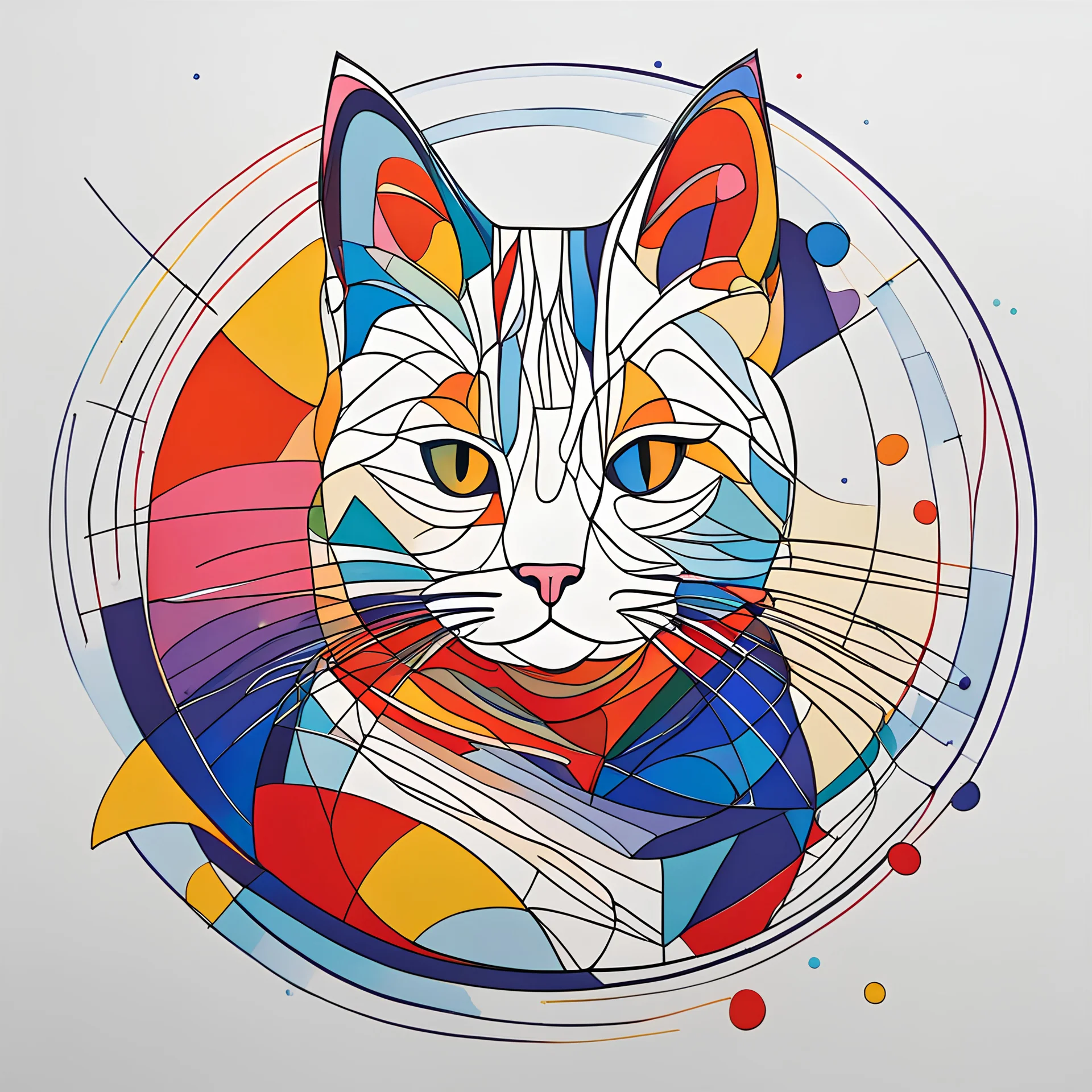 Create an abstract, minimalist cat using continuous line art. The cat is stylized and simplified to the most basic forms, with exaggerated features. adorned with splashes of primary colors. The background should be clean and mostly white, with subtle geometric shapes and thin, straight lines that intersect with dotted nodes and overlap the figures. The overall aesthetic should be modern and artistic.