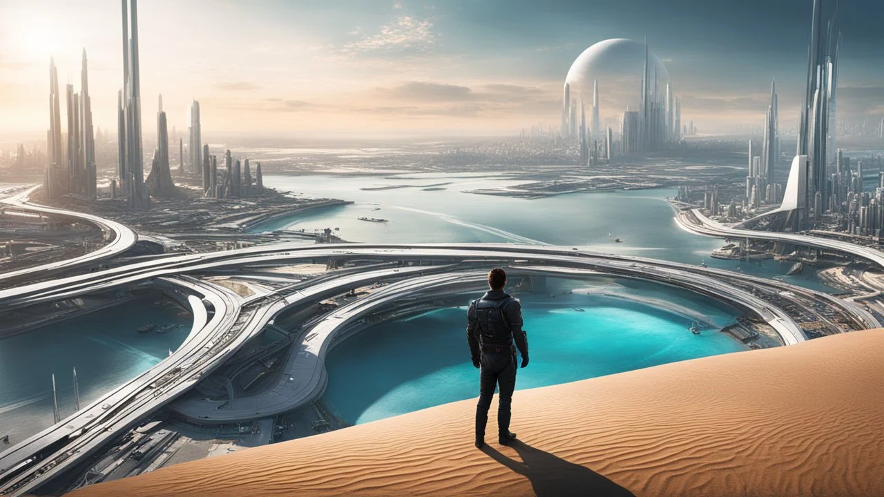 man overlooking a futuristic sci-fi city following the long curve of a long sandy bay with futuristic piers stretching out into the water