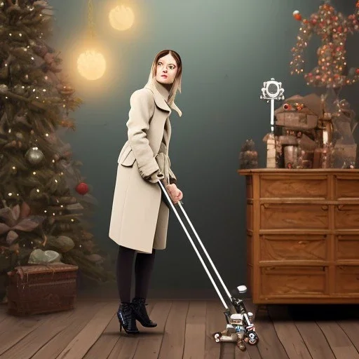 Woman standing with crutch, coat, toy shop background