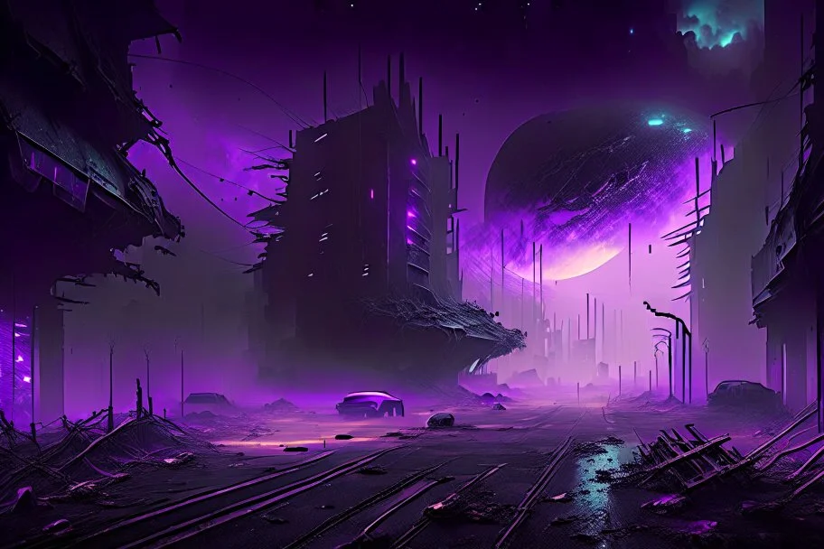 Intact & Functional Sci-fi Colony, Inside Destroyed City, Street View, Dense Purple Fog, Dead Soil, Broken Roads ,Black Night Sky, Stars, Space, Distant Alien Planets