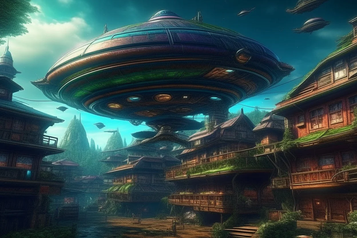 "UFO starship “- aflying over a cyberpunk medieval village - ultra high quality, sharp focus, focused, high focus, very sharp, high definition, extremely detailed, hyperrealistic, intricate, fantastic view, very attractive, fantasy, imperial colors, colorful