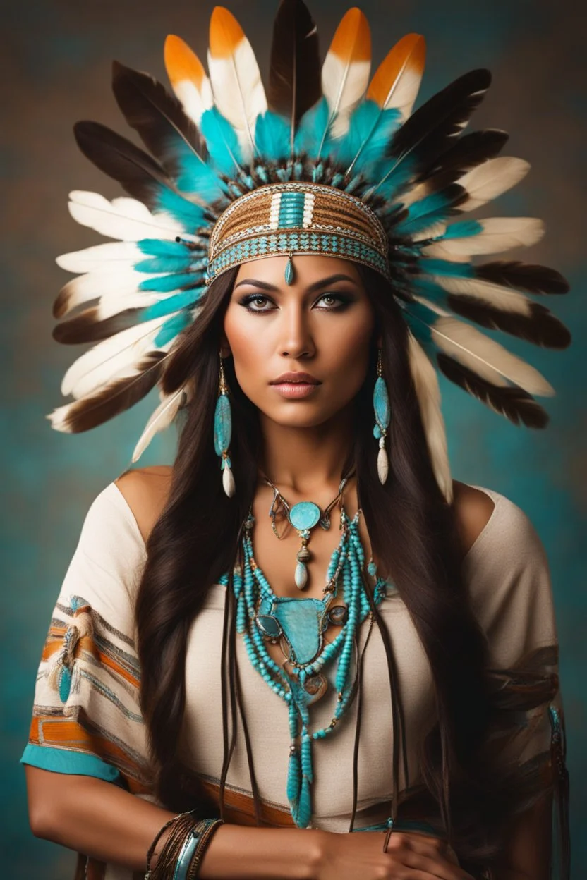 Beautiful Native American woman with long flowing hair wearing a Native American head-dress, turquoise jewelry