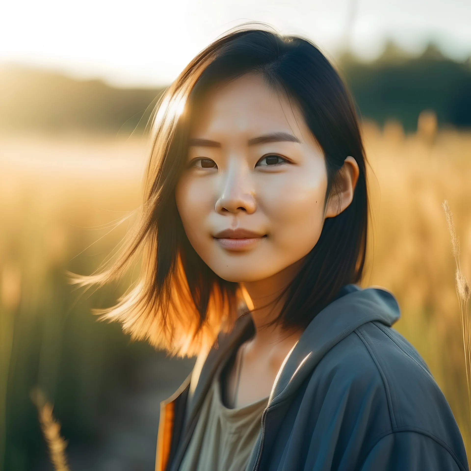 A portrait of a beautiful asian woman in 2023, outside on a sunny field, aged 25, with color,