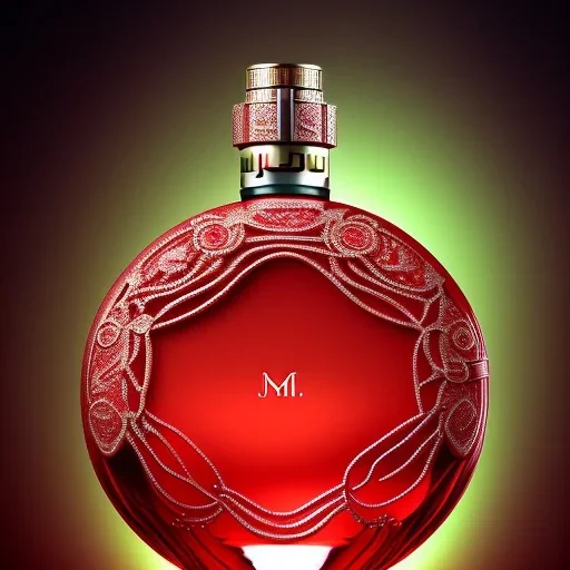 a picture of a red perfume bottle, highly detailed