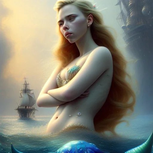 A beautiful portrait of a fusion of Scarlett Johansson and Elle fanning as a mermaid , leaning on a ships deck ,Rough sea in the background, a shark,snails, seashells (digitall art by Eugene de Blaas and Ross Tran, vibrant color scheme, highly detailed, in the style of romanticism, cinematic, artstation best quality, realistic lighting, masterpiece portrait, details light dusting , cowboy shot from above, simple chain hauberk Vector art digital illustration 3D shading )