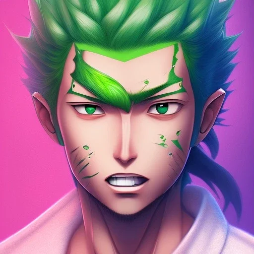 zoro, green hair, chainsawman, animestyle, denji, three chainsaw style, three sword style, majestic, soft pastel colors, soft smooth lighting, intricate detail, closed left eye, three sword, full body, sword in mouth, white skin