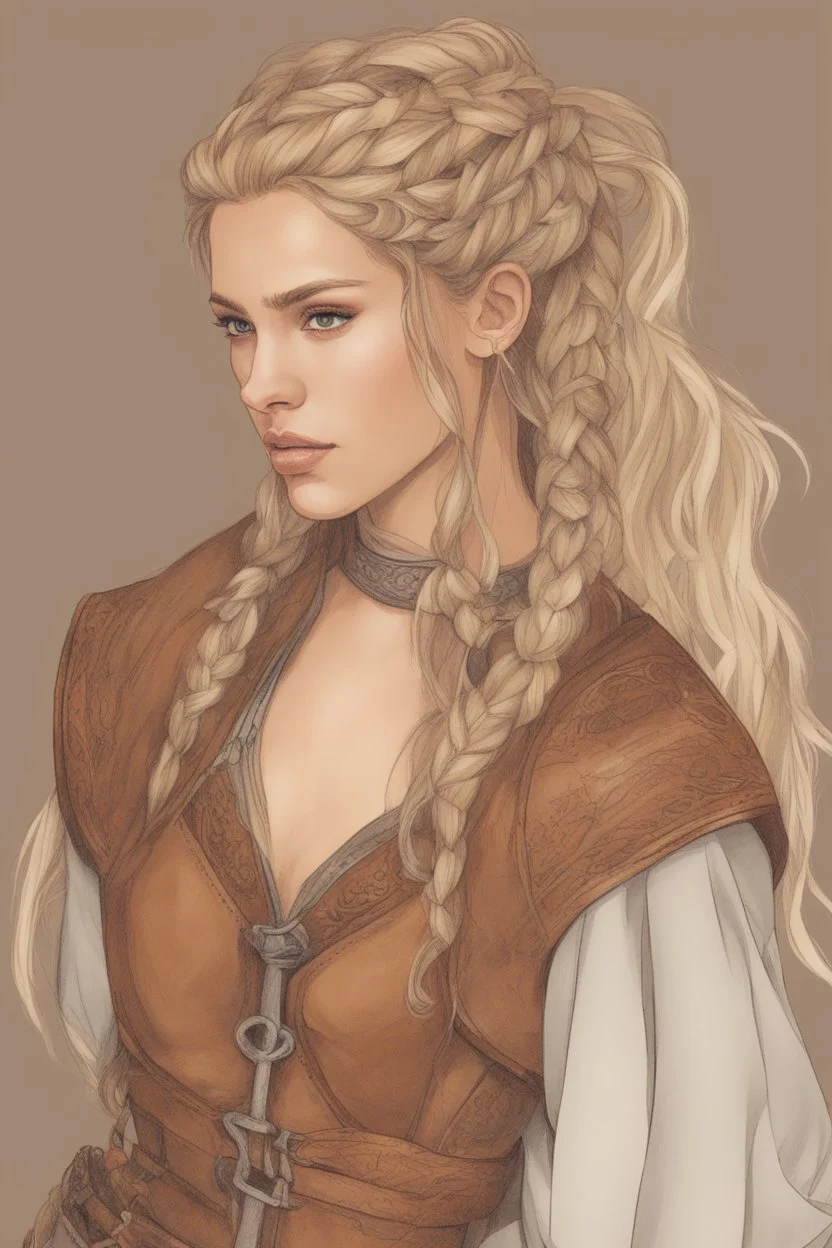 A drawing of beautiful woman with blond hair, viking braids Brown leather armor.