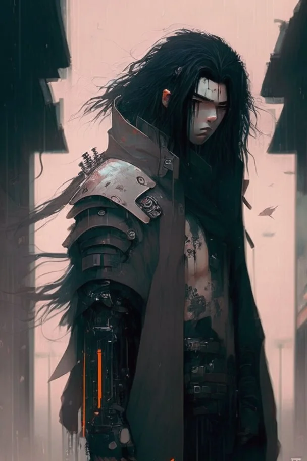 Street samurai, black hair, long hair, cybernetic eyes, standing in mists, male, dark art, Ivory Peach skin, cute, Cyberpunk