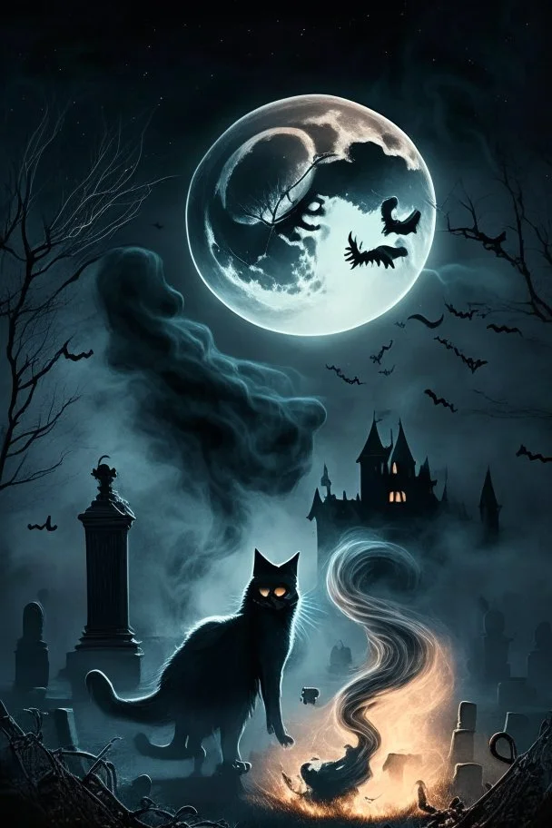 A black cat, running through smoke, in a graveyard, with a full moon in the background, and a witch casting a spell