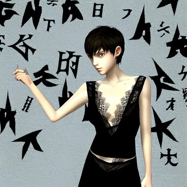 Realistic photo short hair boyish boylike (boyish face) beautiful cleavage lace neckline (short mens haircut) amulets of evil forces on neck (thin waist) (wide hips) lacy nightgown (girlish room of black magic) (symbols of evil black magic and evil force on the walls) (learns to be an evil sorceress) (with women's furniture, cosmetics, hangers with dresses and bras)