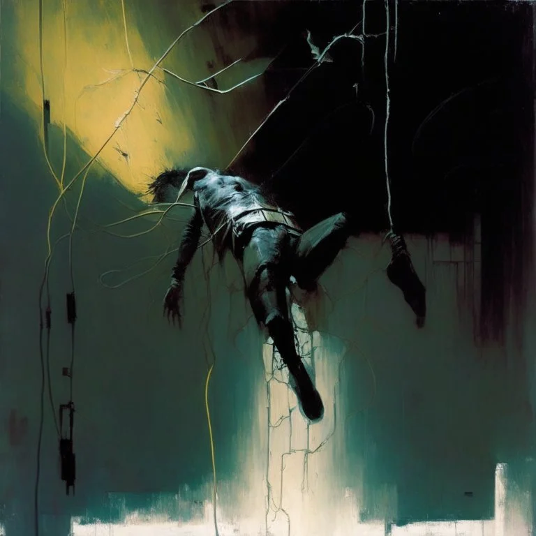 Minimal abstract oil paintings falling person limbs sinew and concrete fragments and hanging wires illuminated at night style of Justin Mortimer and Phil Hale