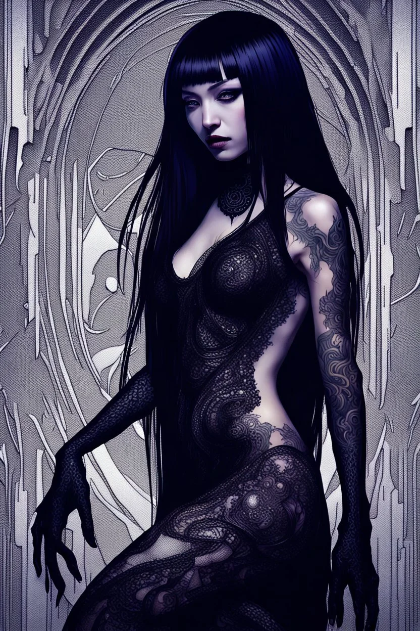 a woman with dark purple-black long hair and black tattoos on her body, a cold, indifferent expression, silver and black onyx jewelry, black lace dress, cybernetics, crepy stunning anthropomorphic female, Minjae Lee vibe, cbybernetic and etheral human, ancient deity, by Vincent Lefevre and Yoshitaka Amano, stunning 3d