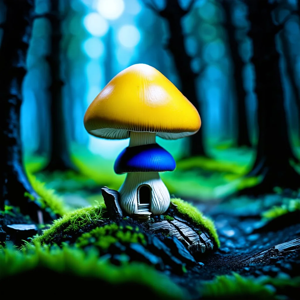 "Close up of a wonderful tiny Mushroom Tower home. Yellow and blue with bright white, deep black and contrasting tones of gray. Illuminated bioluminescent forest. Professional painter, master at composition. small but detailed. broken, blurred background, voluminous lighting"