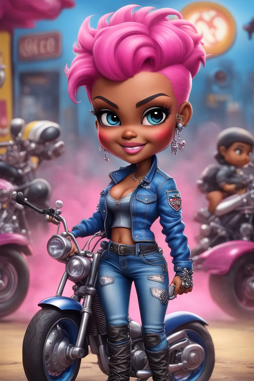 airbrush illustration of the chibi cartoon character, a voluptuous black female in a blue jean outfit with biker boots. Her prominent makeup and hazel eyes, along with her detailed pink pixie haircut, are featured in this image, set against the background of a lively bike show.