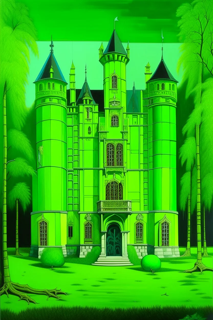 A neon green defensive chateau with shields painted by Henri Rousseau