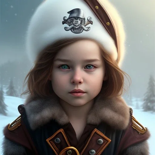 Portrait of pirate child with brown hair and with cute face, north pole snowy vibe , perfect composition, hyperrealistic, super detailed, 8k, high quality, trending art, trending on artstation, sharp focus, studio photo, intricate details, highly detailed, by greg rutkowski