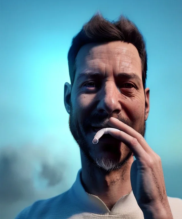 Realistic image, waist up view, a guy making the fuck you gesture with his hand, blue smoke coming out of his eyes, nose and mouth. Happy, smile, soft color, highly detailed, unreal engine 5, ray tracing, RTX, lumen lighting, ultra detail, volumetric lighting, 3d, finely drawn, high definition, high resolution.