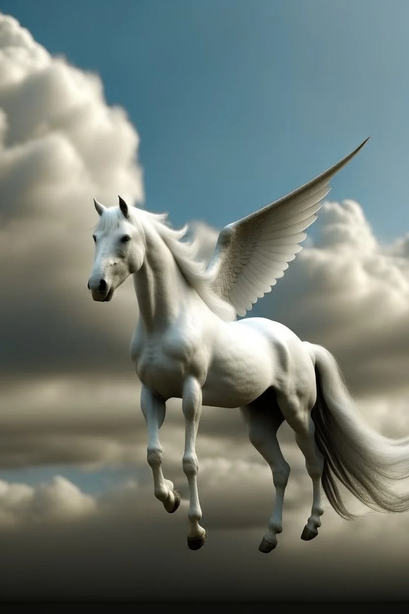 white horse with wings , ears rubbit standing on cloud