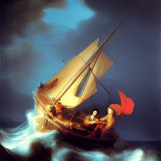 Rembrandt Snowstorm glowing lights ocean flying fish