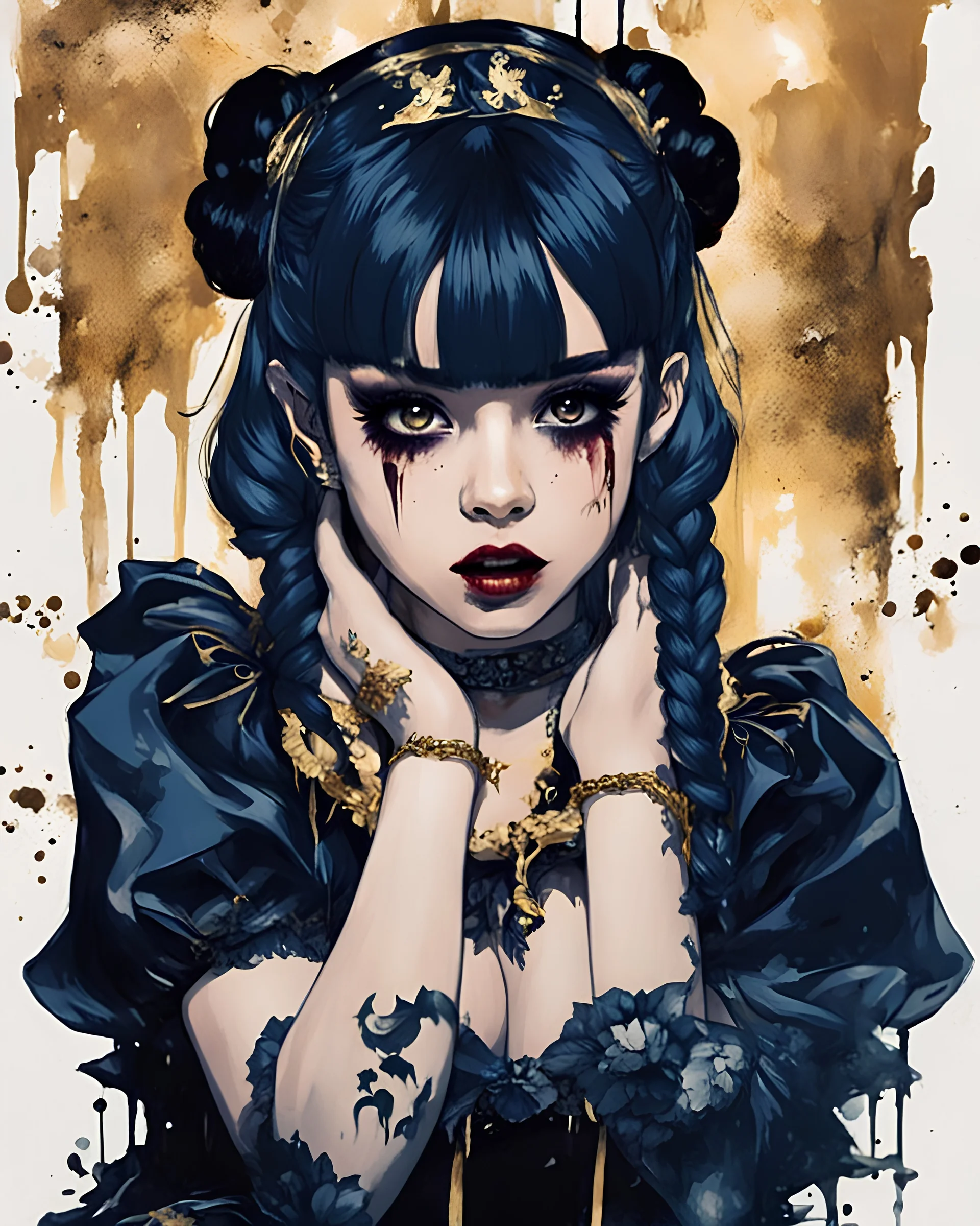 Poster in two gradually, a one side malevolent goth vampire girl face and other side the Singer Melanie Martinez face, full body, sit pose, painting by Yoji Shinkawa, darkblue and gold tones,