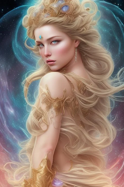 Create an image of a cosmic Goddess. The goddess should be depicted as a beautiful and powerful figure, surrounded by cosmic stars. Her hair should be long, blond and flowing, and she should be dressed in a flowing gown blue celestial robe. In the background, include imagery of pink flowers, blue sky,trees. The image should evoke a sense of joy, celebration, and spiritual connection to nature.