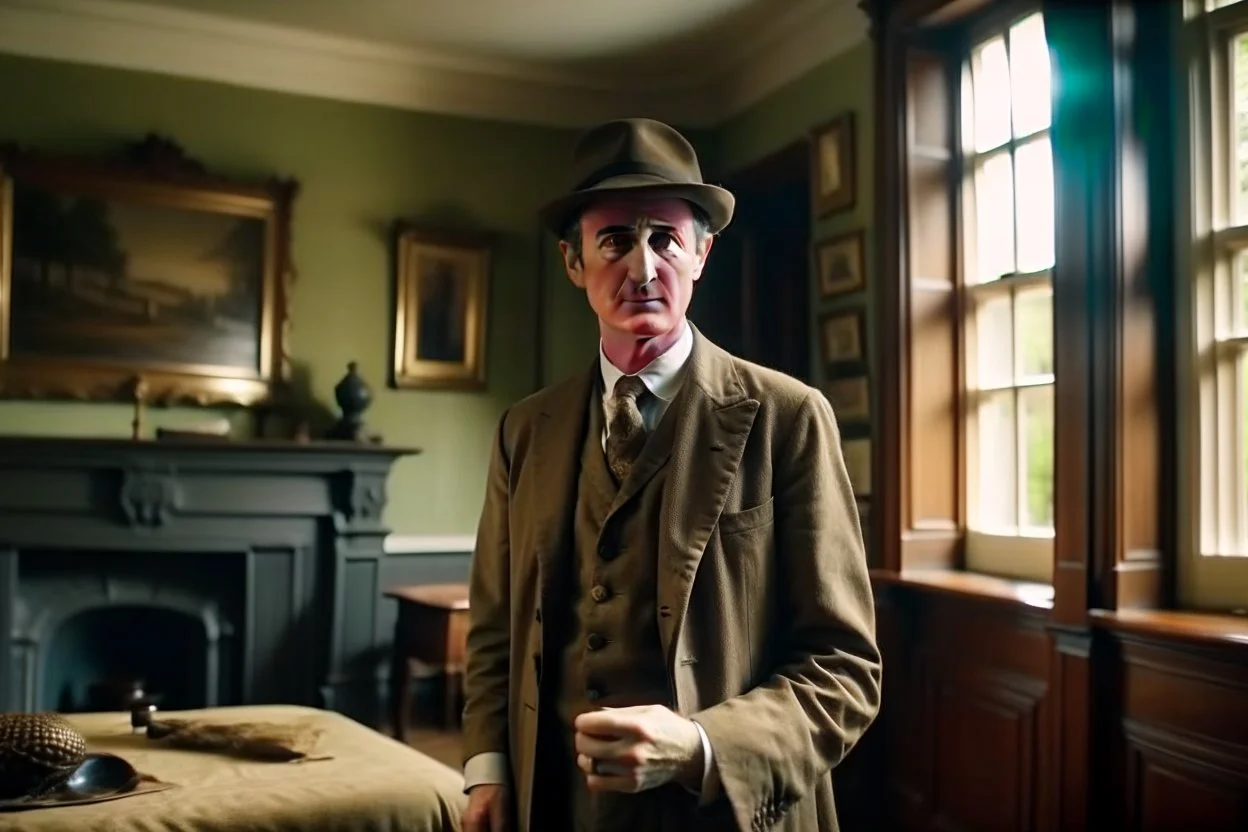 ww1 sick archeologist with suit talking close-up standing up looking to the camera, inside mansion room background