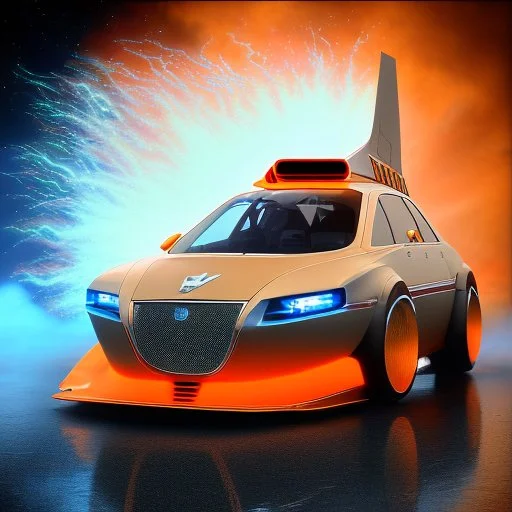 award winning car and driver photograph of a futuristic station wagon dirigible hybrid designed by only one vehicle per image painted metallic orange traveling at a high rate of speed, jet intake off of front center of vehicle and jet exhaust out the rear with bright blue flame, bilaterally symetrical, more a high speed road vehicle