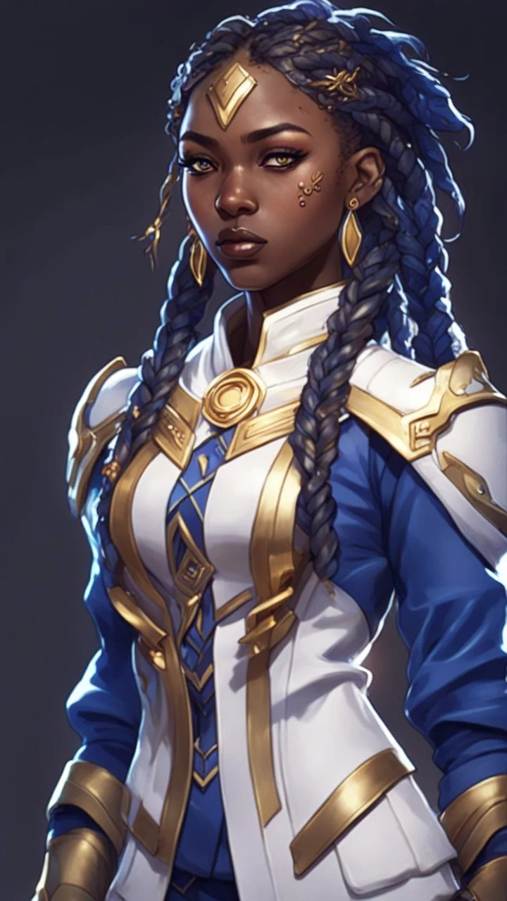 sci-fi, arcane animation series style, league of legends, Solo, 1girl, attractive female with freckles, african, dark skin, golden eyes, dark hair, braided dreadlocks, earrings, makeup, (detailed skin texture), white and indigo-blue suit