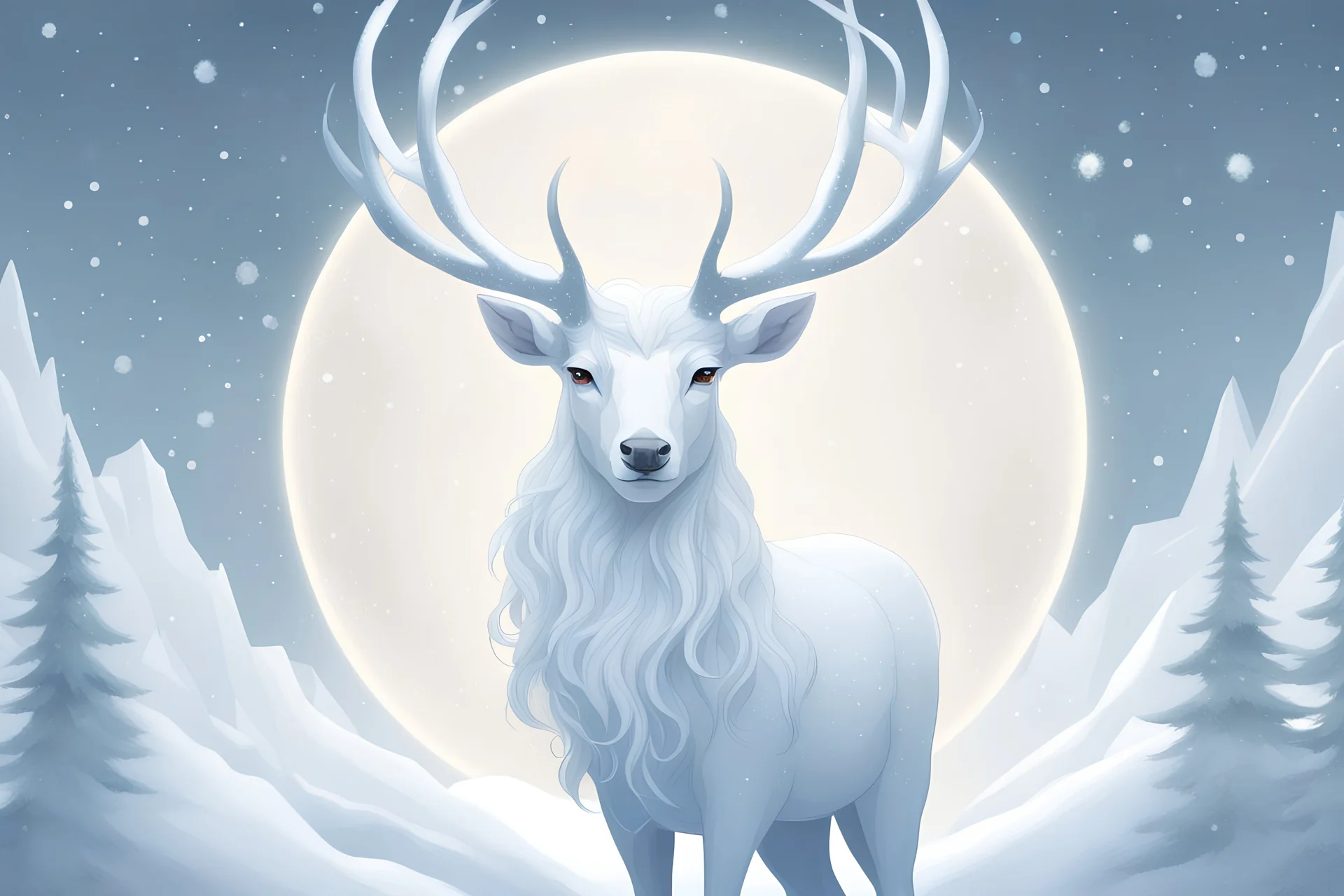 A celestial white stag with antlers adorned with glowing crystals. it is snowing.