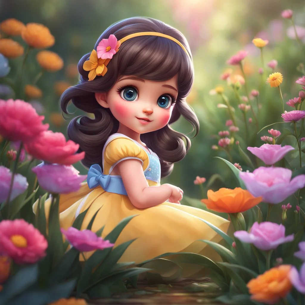 A little girl, adorable, big beautiful eyes, in dress, in flowers, cartoon, close-up, bright colours, digital graphics, fantasy, unreal engine, blender art by artgerm, perfect composition, octane rendering, masterpiece, sharp focus, high detail, art station, concept art, perfect composition, a model of ultra-high quality and clarity, perfect play of light and shadow, 32k UHD, hyper-detailing,