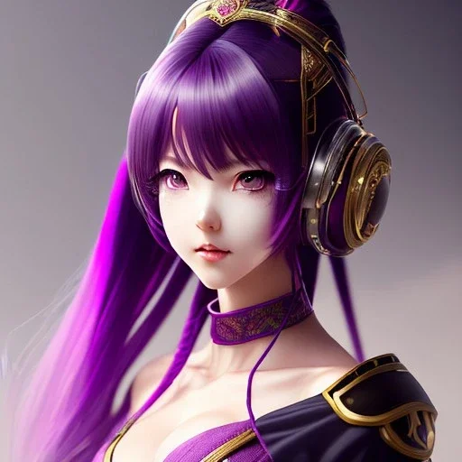 Detailed cute anime Kunoichi girl, purple hair buns, purple bangs, red latex bodysuit, intricate details, full body portrait, keep head in frame, slight smile, black Japanese motif, concept art, highly detailed, digital painting, concept art, sharp focus, illustration, art by Yoji Shinkawa, WLOP and greg rutkowski and alphonse mucha and artgerm and yanjun Chen and Junji ito and Makoto Shinkai, HDR, octane render