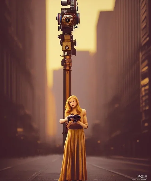 Statue of Queen of photography. Cute blonde woman. Photographer in golden crown. Standing on the street. Big camera in her hand. hyperdetailed, photorealistic, trending on artstation, greg rutkowski, beksinski, kodachrome, lomography, golden hour, bokeh, volumetric light