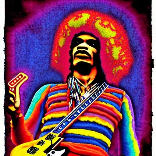 WOODSTOCK, hippie JIMI HENDRIX Santa playing electric guitar, psychedelic, peace sign, MUSHROOMS, TRIPPY, ACID, LSD, dreadlocks