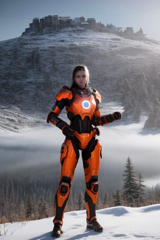 full body portrait of a beautiful girl, wearing glowing orange armor, futuristic armor, relaxed standing posture, nice smile, snowy mountain background, snow, fur cloak, full body, 4k, unreal engine 5