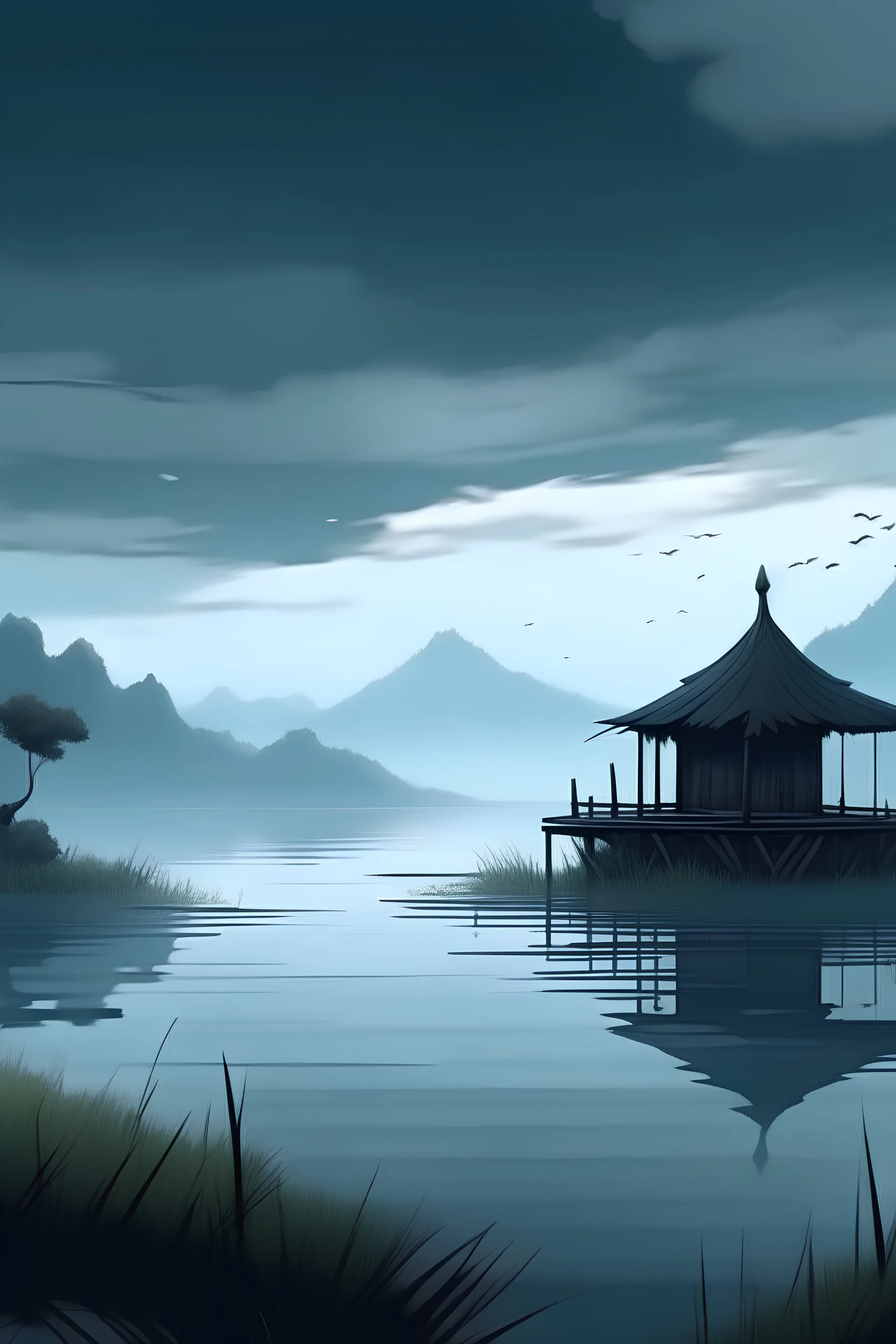 beautiful anime background with sky and nature as theme with a little bit of dark aesthetics and a hut with foggy weather and a lake that as aesthetically pleasing calm harmony