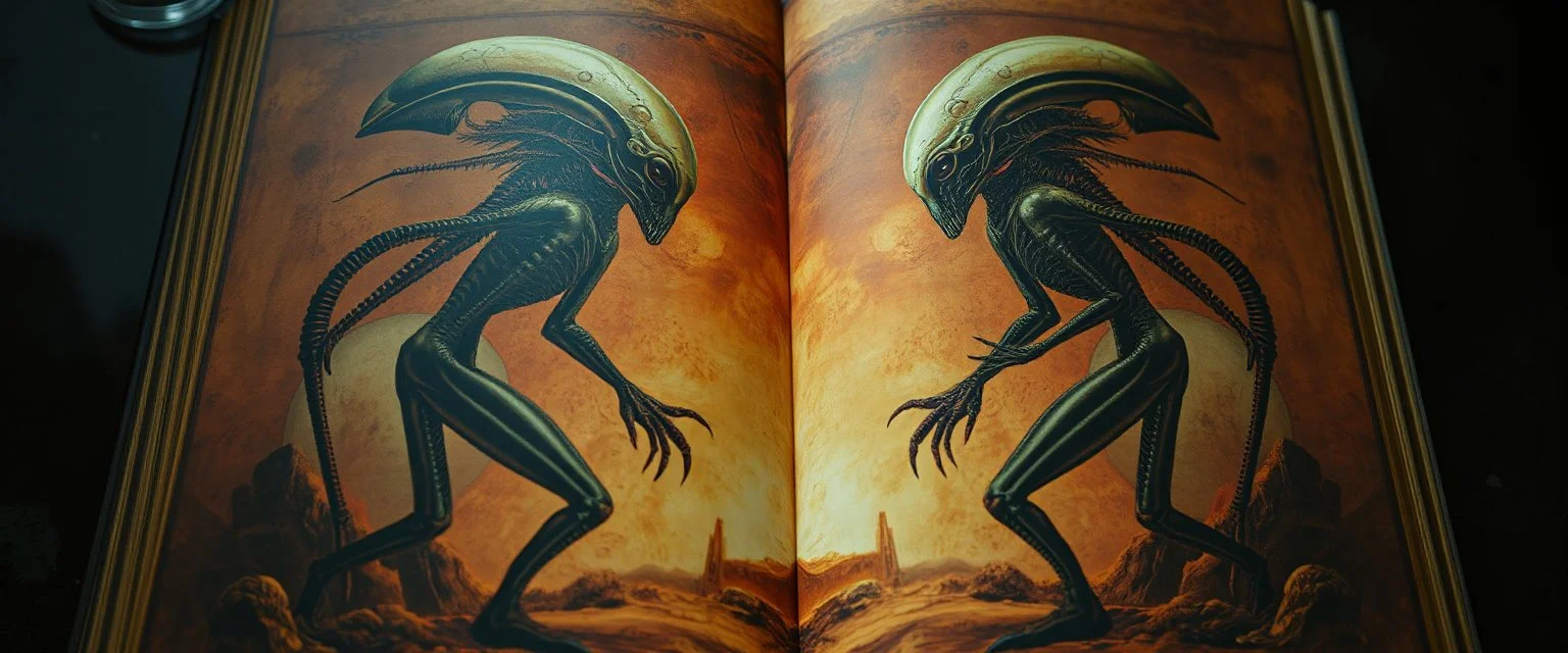 a high definition screen shot of a ancient alien anatomy book detailing the creatures found on other worlds, retrofuturistic, phototrealism, Macabre Rapture End of days Revelation scene, isanely detailed matte oil painting, sinner apotheosis,diagonal composition, unbalanced, abstract surreal horror, eerie, scary warm colors, Eldritch, JonKnockTurnal 2999 ufo, bilaterally